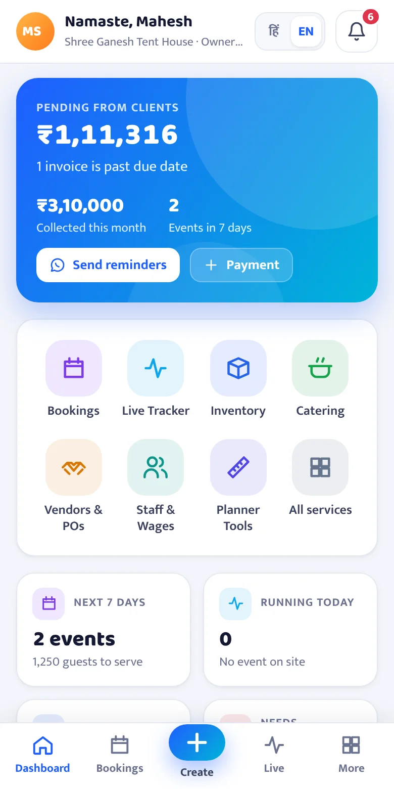 SabManage app home screen showing money pending from clients, upcoming events and quick actions